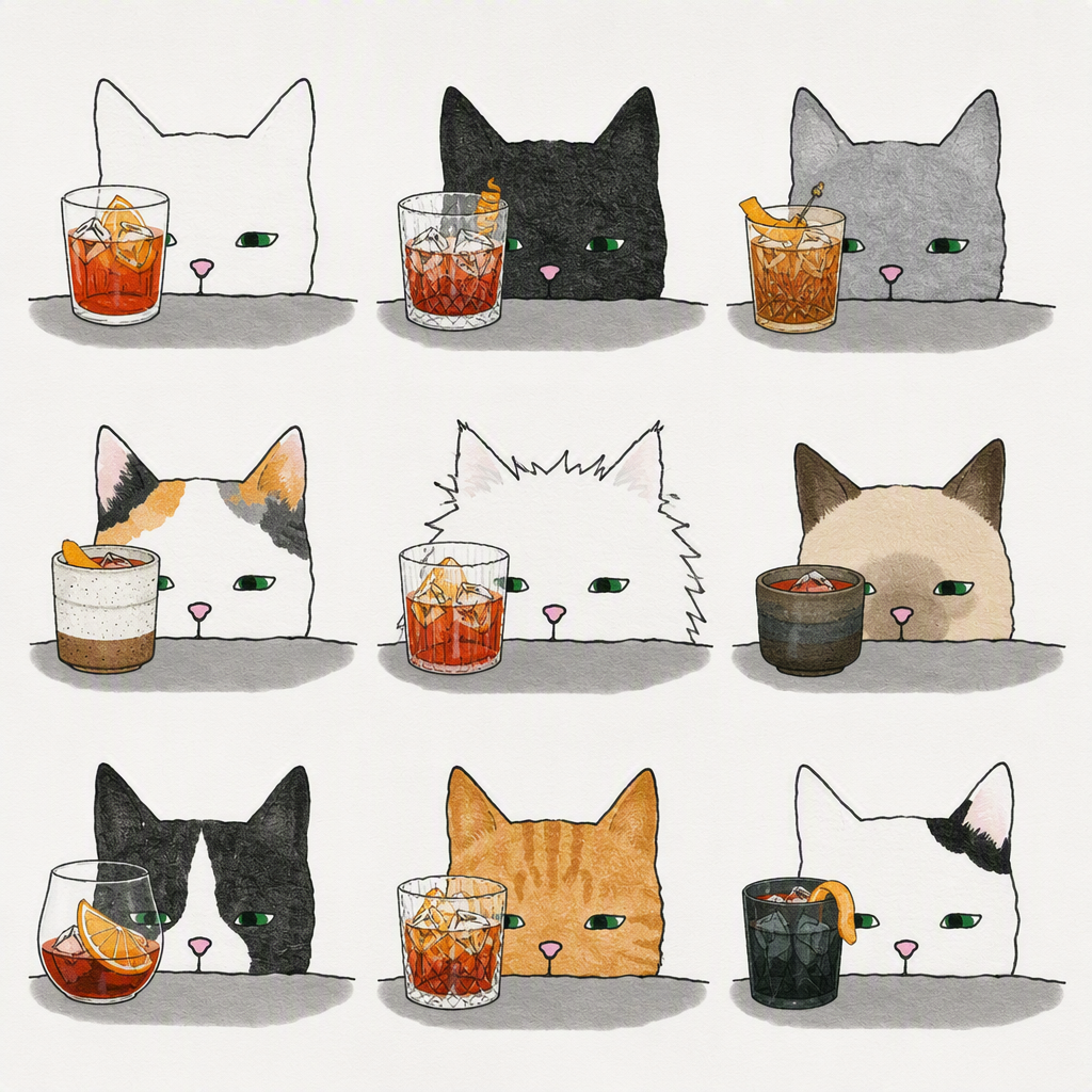 Illustrated cats with cocktails in decorative glasses and ceramic cups